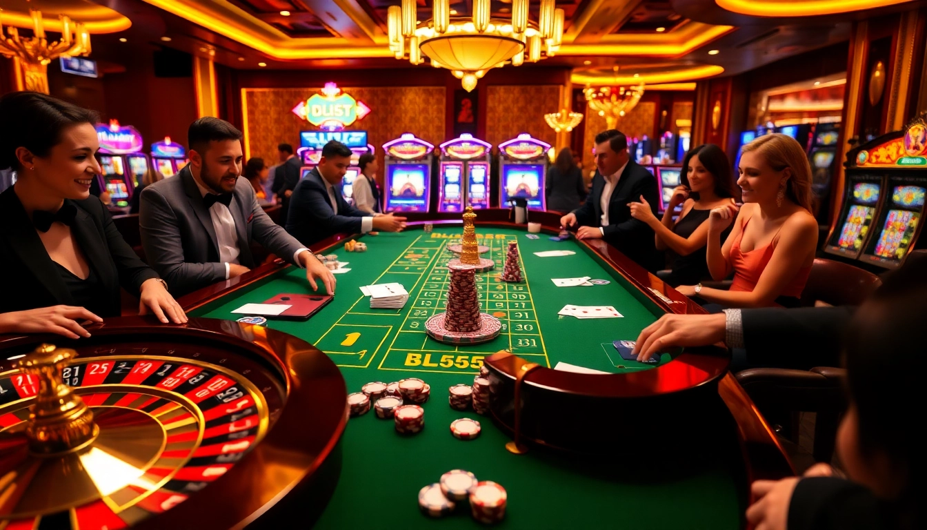 Players enjoying a thrilling roulette game at the BL555 casino table, experiencing excitement and luxury.