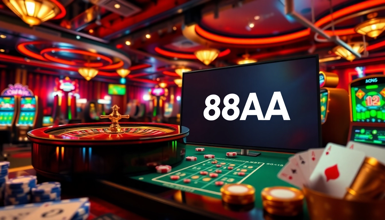 Experience the thrill of gambling at 88AA with vibrant casino elements showcased in a luxurious setting.