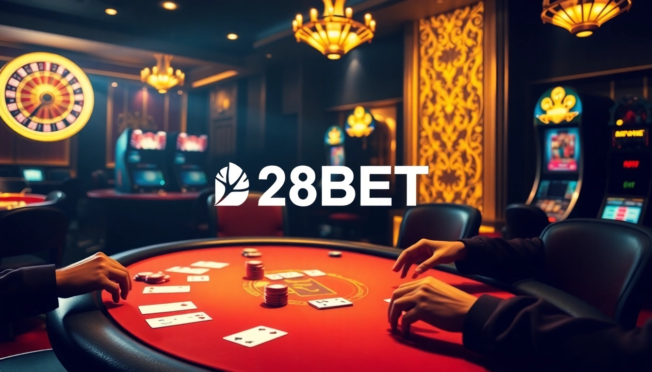 Engaging scene showcasing a high-stakes poker game at 28BET with cards and chips highlighting the casino excitement.