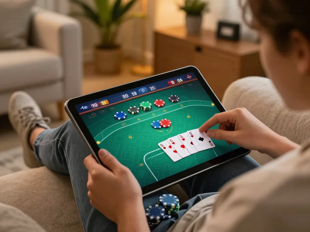 Engaging in an online poker game with go999 on a tablet in a cozy living room setting, showcasing strategy and player interaction