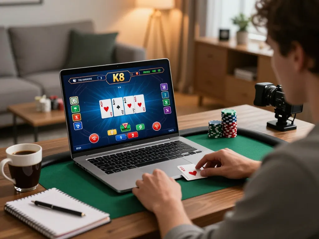 Player engaging in K8 online casino poker game from home, showcasing dynamic gameplay and strategic focus.