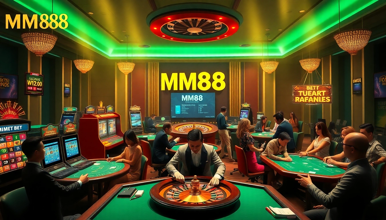 Players experiencing the thrill of MM88 online casino games with vibrant slot machines and elegant croupiers.