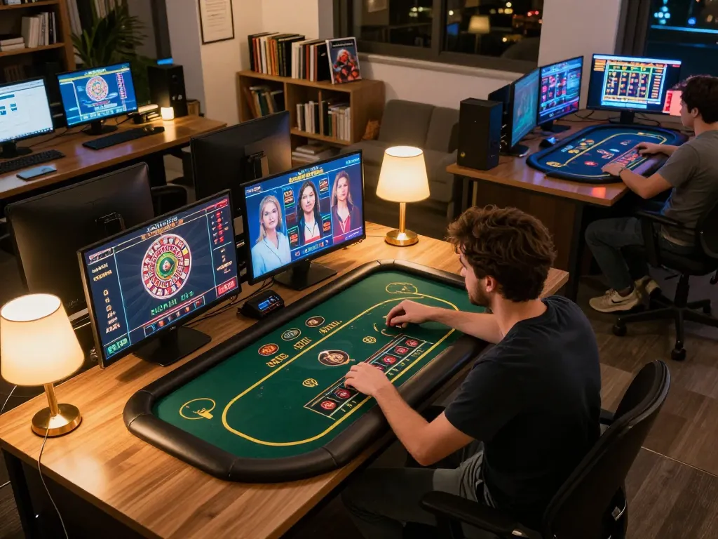 Player engaged with i9bet online casino interface, strategizing bets at home gaming setup