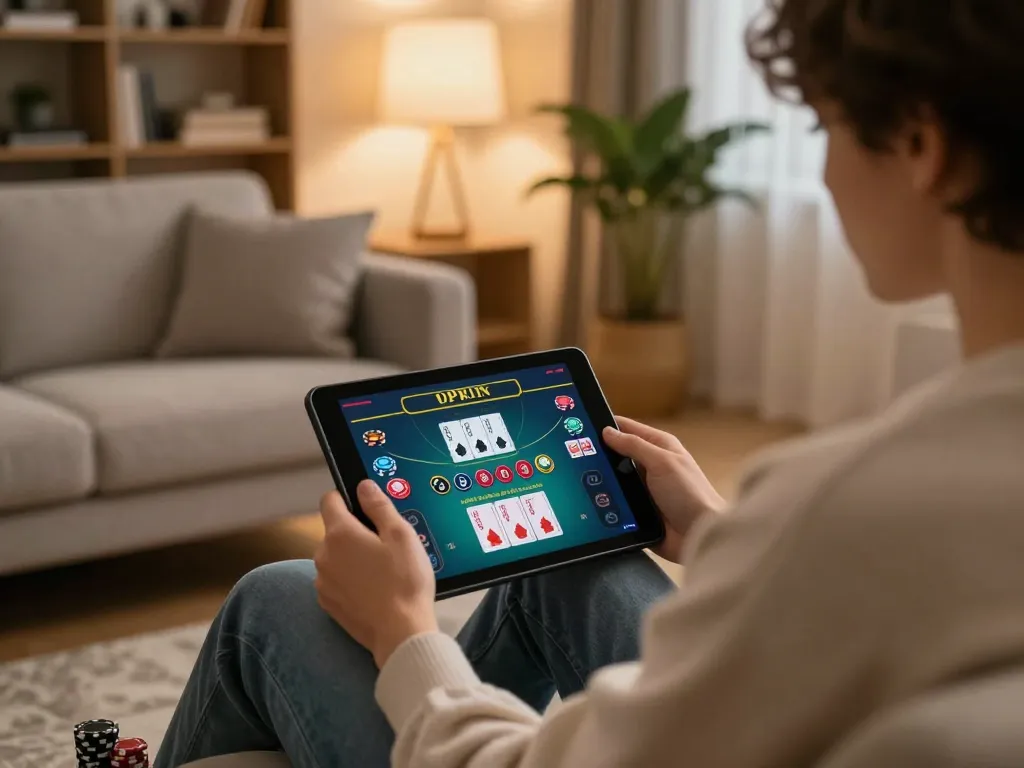 Player engages with online baccarat on xx88 tablet in cozy living room.