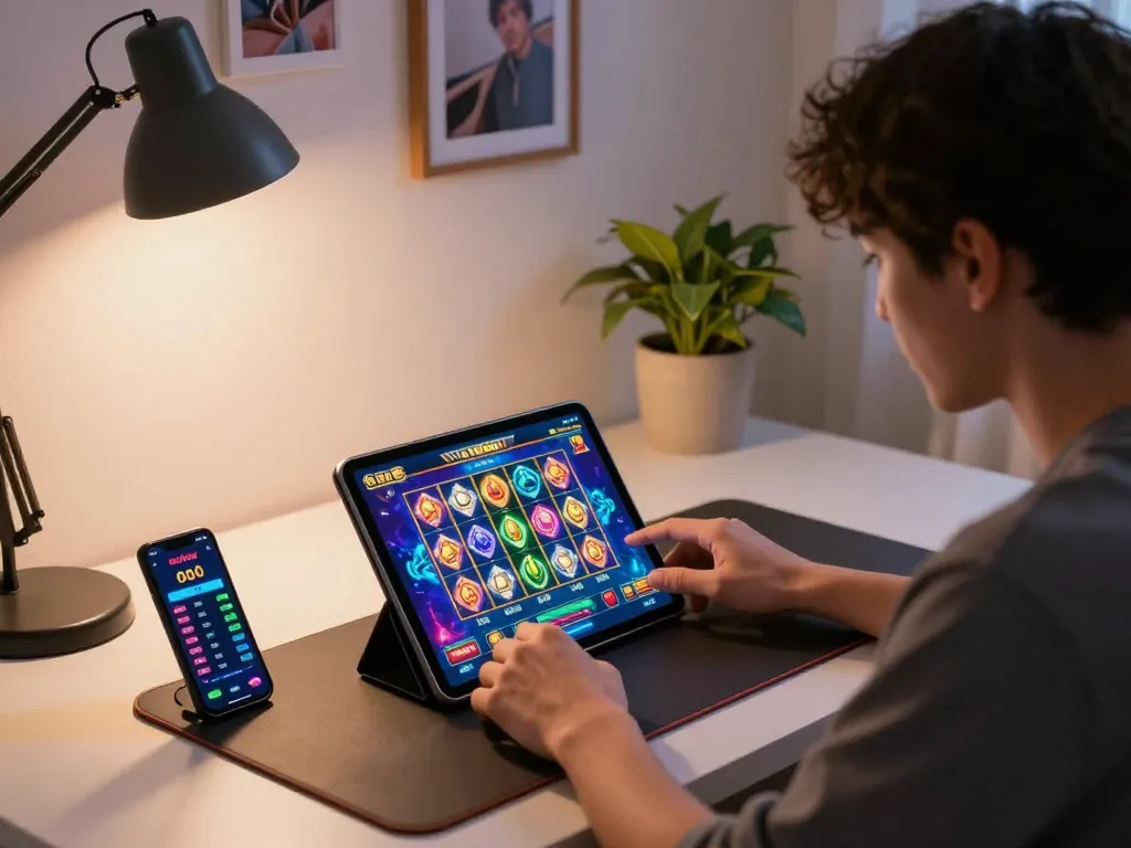 Engaging gameplay of Slot Malaysia on a tablet with colorful graphics in a cozy home setup