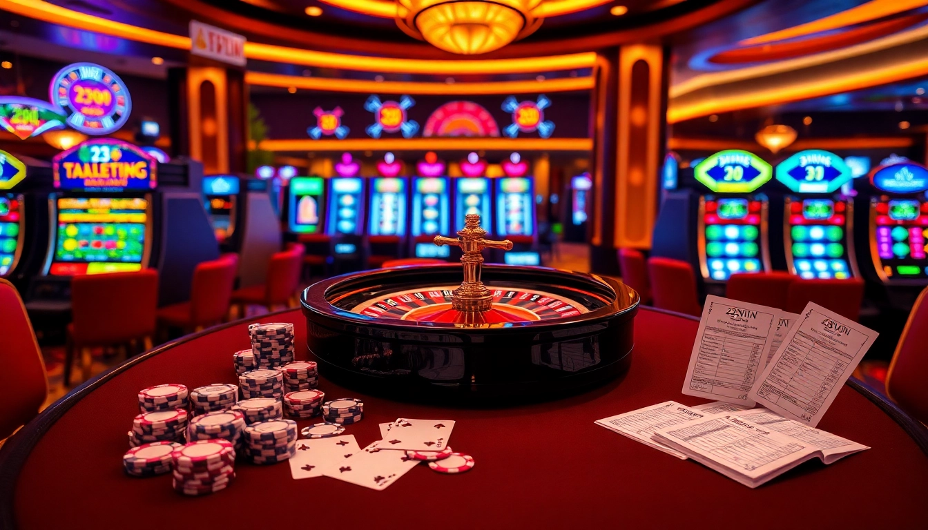 Experience the excitement of 23win with a vibrant casino scene featuring poker chips and roulette.