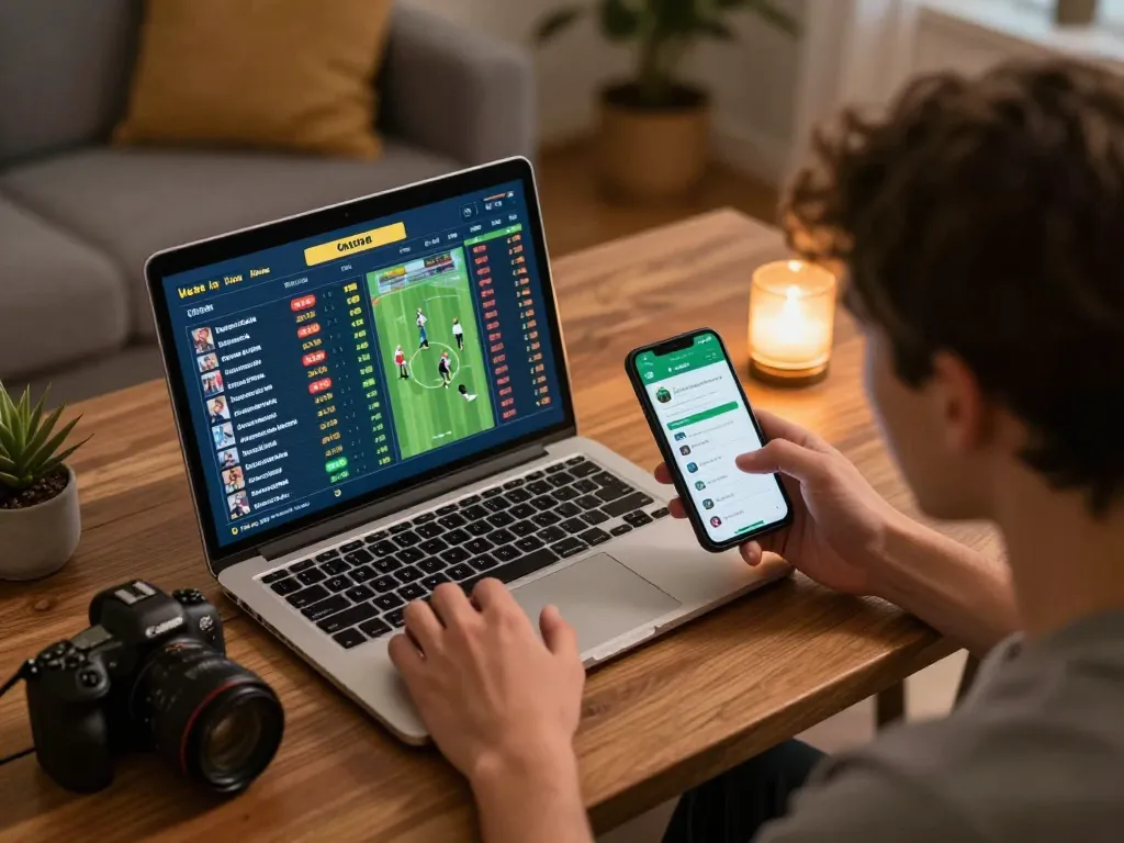 Person actively placing bets on JUN88 mobile app during thrilling sports event at home.