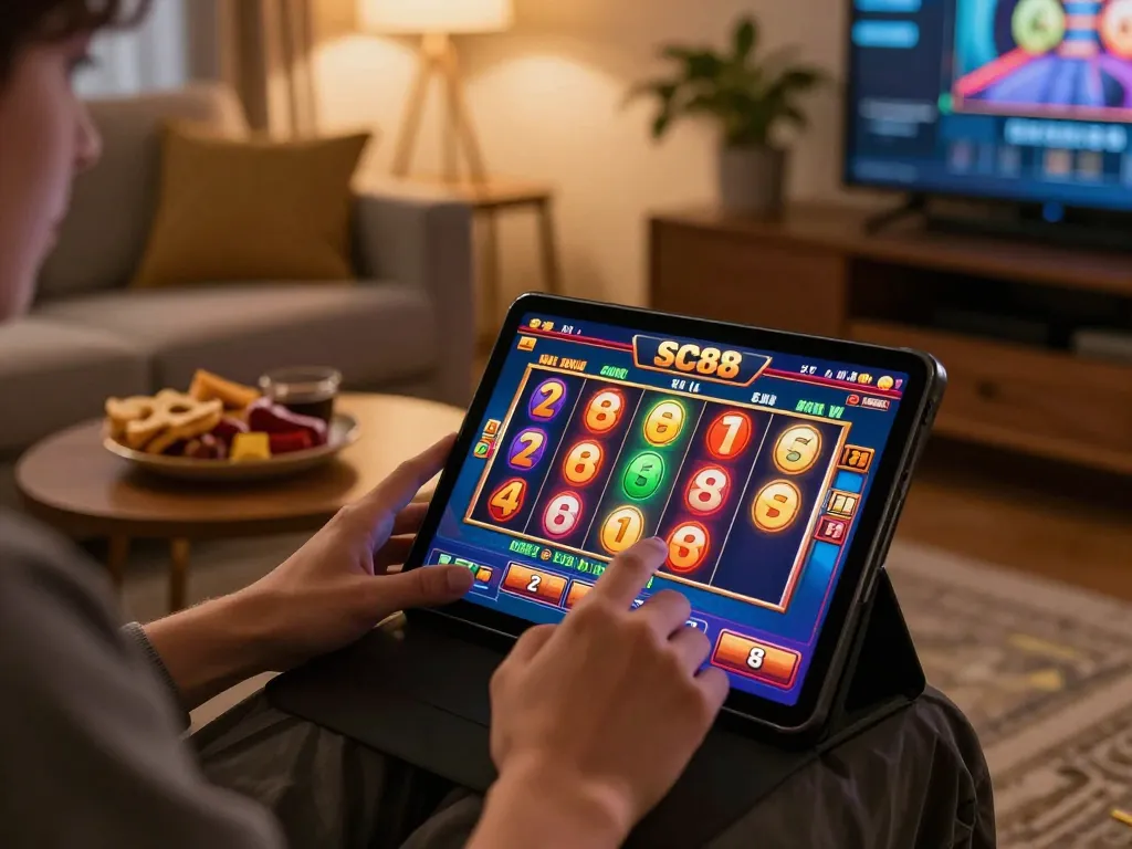 Player enjoying SC88 slot games online with a vibrant interface in a cozy home setting