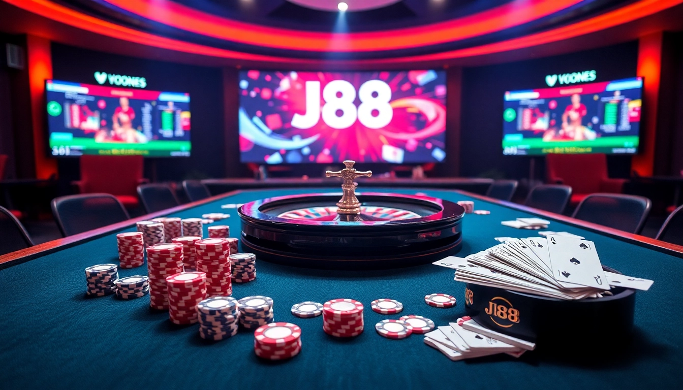 Engaging players with J88 through vibrant casino visuals of cards, roulette, and betting slips.