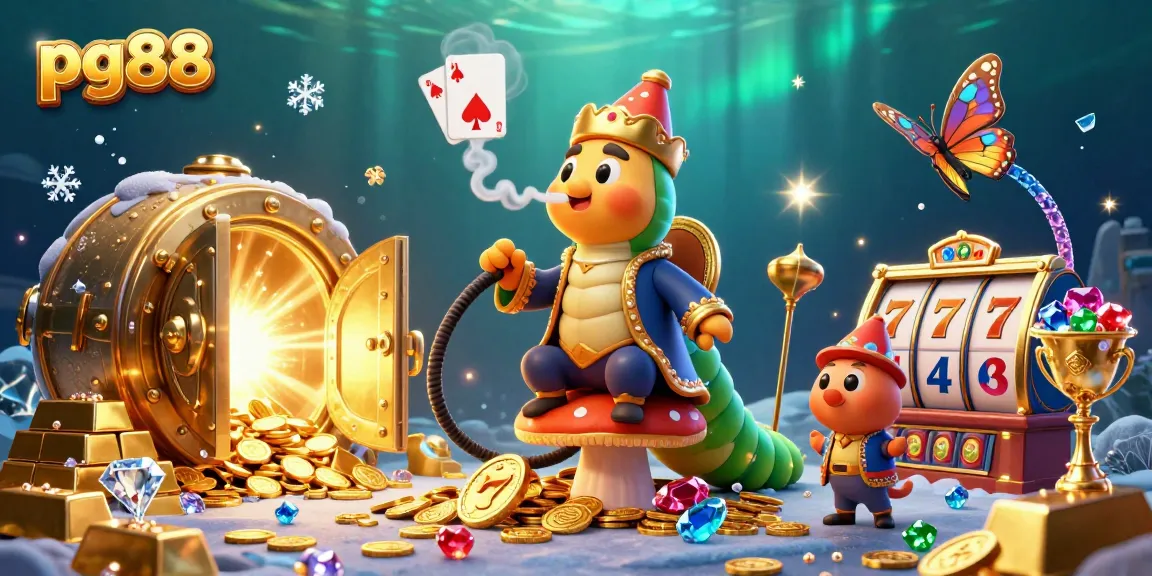 Engage with pg88's vibrant gambling scene featuring a caterpillar, smoke rings, and dazzling treasures.