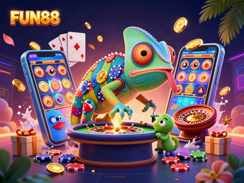 Experience FUN88's vibrant casino world with a chameleon snapping up golden coins amidst gaming excitement.