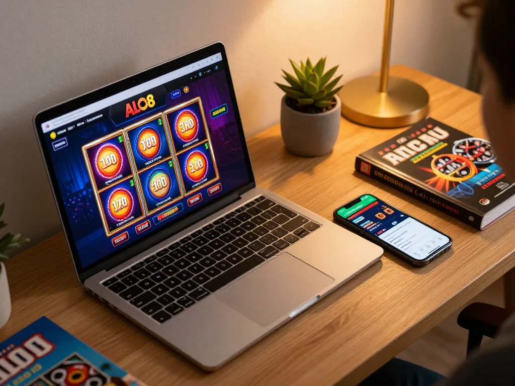 Player engaged in ALO8 online casino on laptop, with betting strategies visible, cozy gaming setup.