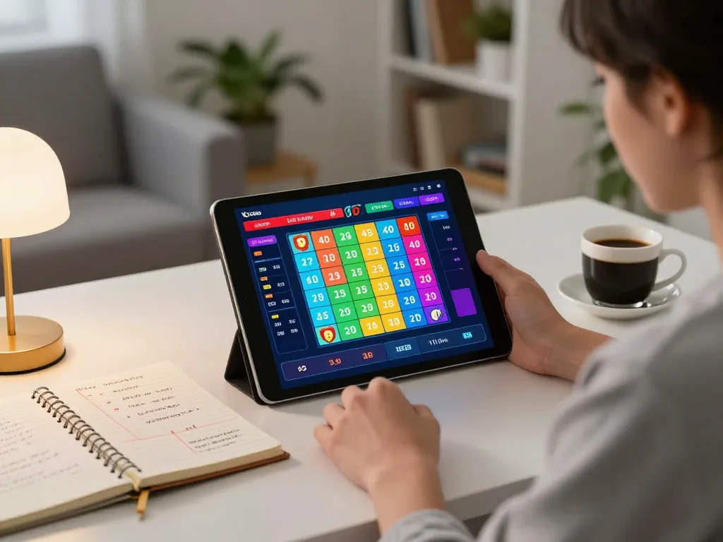 Player checking live 9 Lotto 4D results on a tablet at home.