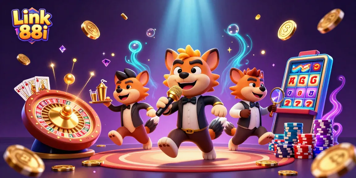 Link 88i showcases hyenas in a comedy casino scene, surrounded by vibrant gambling elements.
