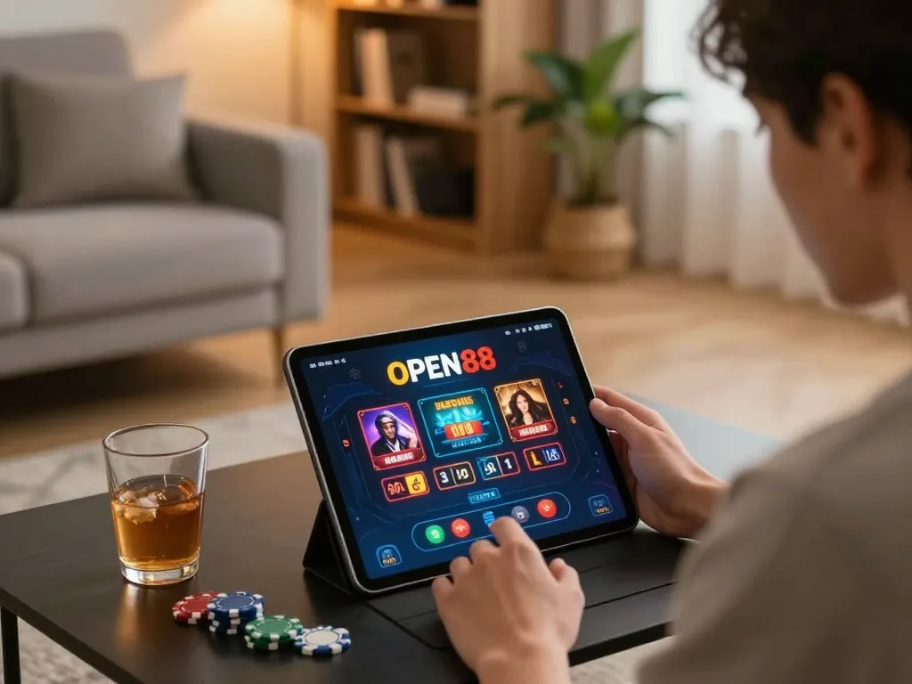Playing the open88 casino app on a tablet in a cozy living room setting.