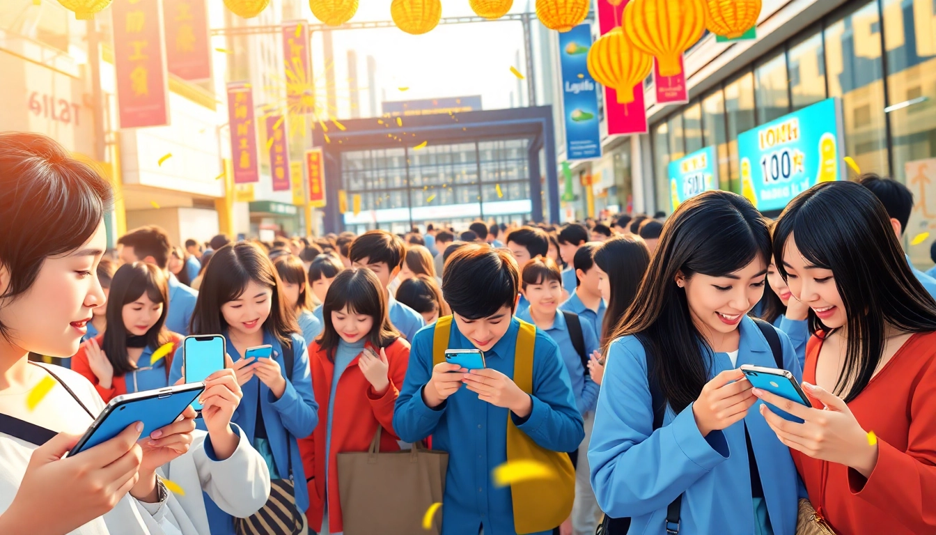 Song thủ lô participants eagerly checking lottery results in an urban setting with a vibrant atmosphere.