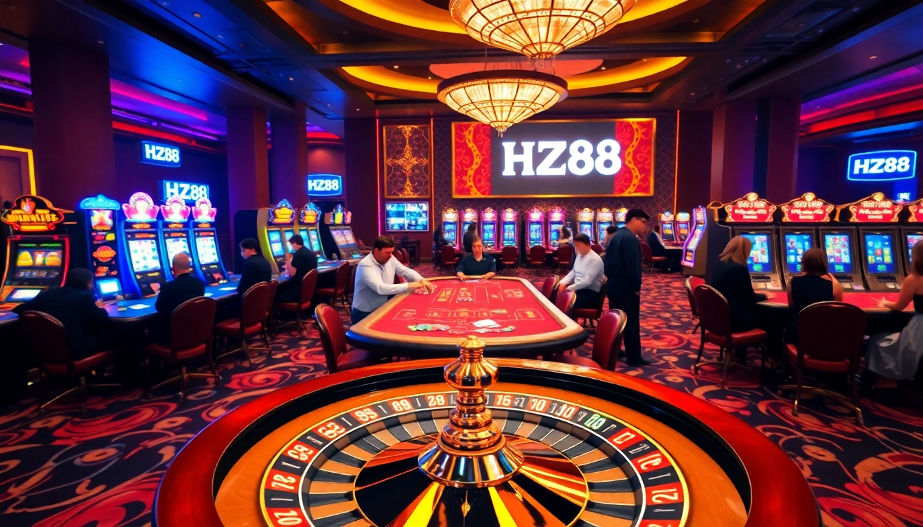 Players enjoying a thrilling game at HZ88 casino tables filled with excitement and vibrant gaming elements.