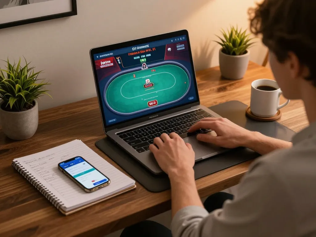 iwin app shown on smartphone while managing poker strategy at home