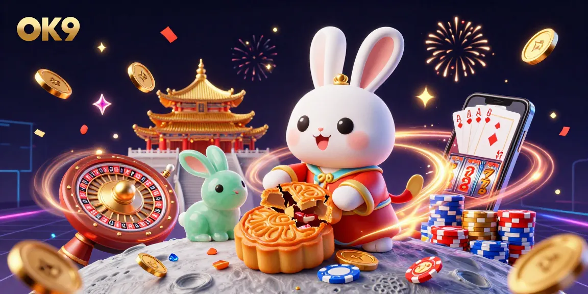 Experience the thrill of online gaming with OK9, featuring a vibrant 3D scene of a lucky moon rabbit amidst cascading coins and poker chips.