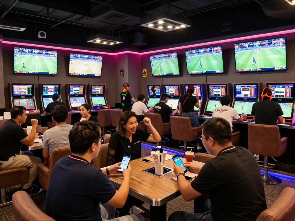 Betting excitement at Five88's sports lounge with patrons engaging in live betting