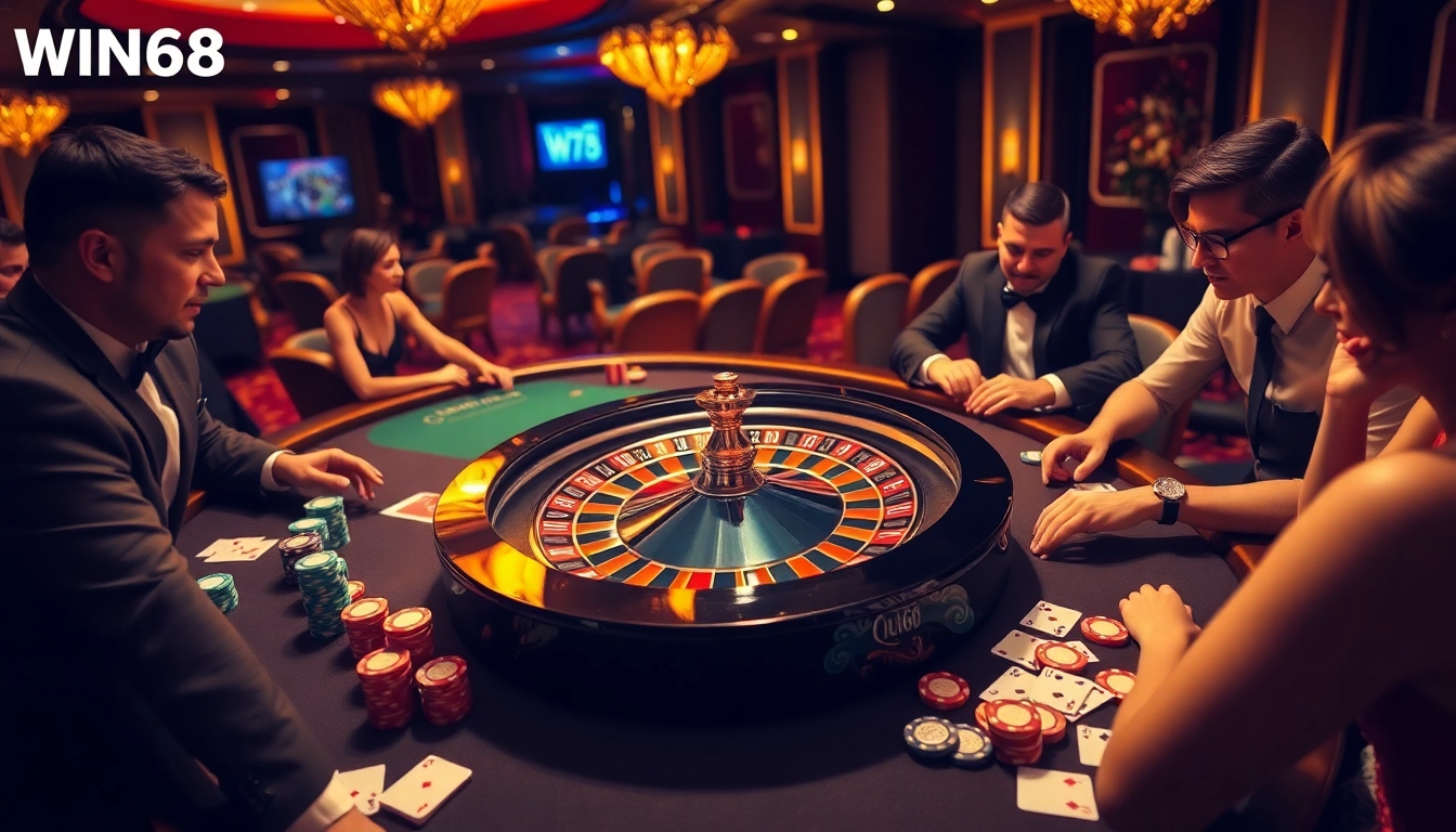 Experience the thrill of gaming at WIN678 with an elegant casino scene featuring vibrant gameplay elements.
