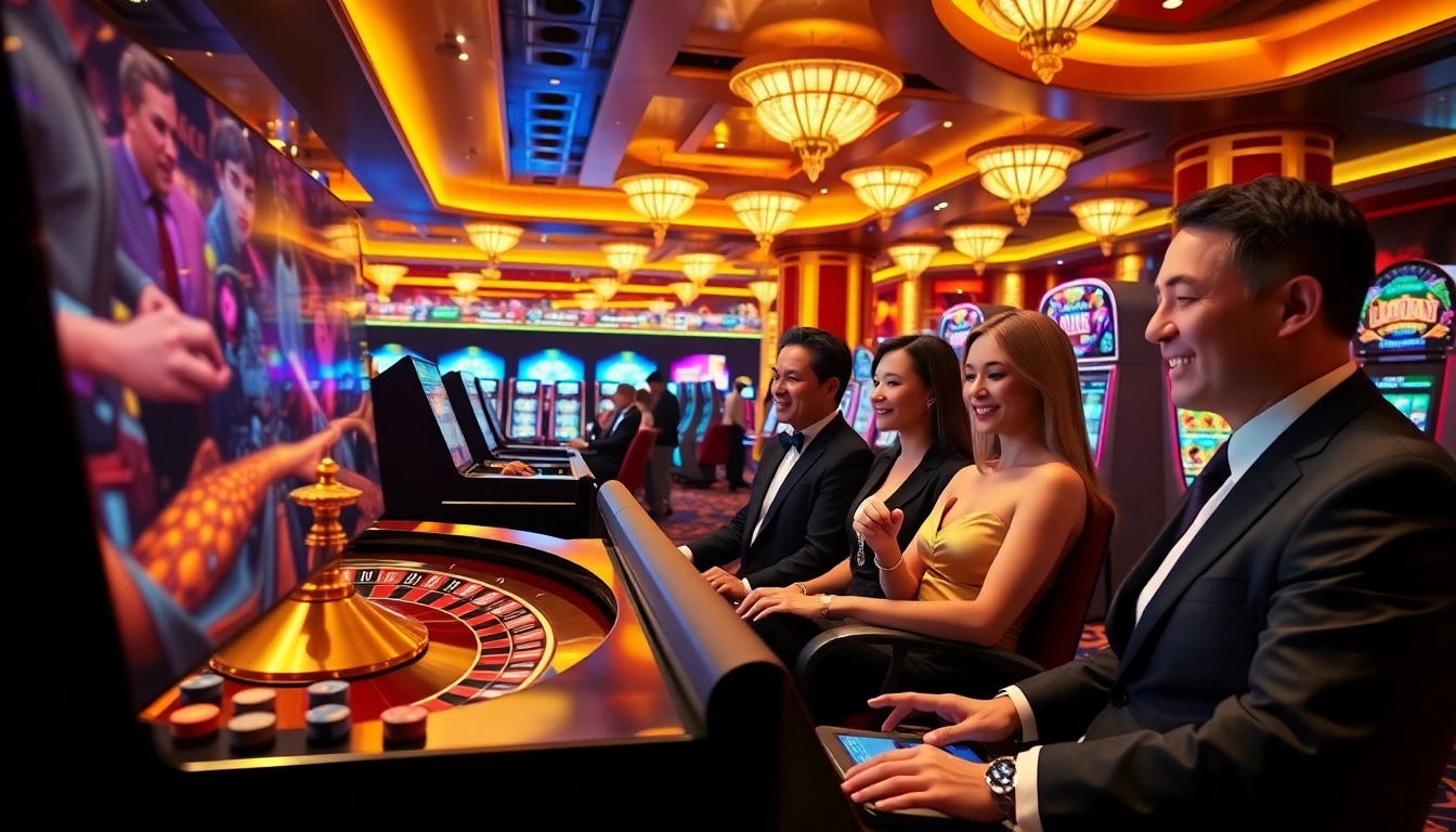 Lô đề online players engaged in an exciting casino scene with vibrant roulette and slot machines.