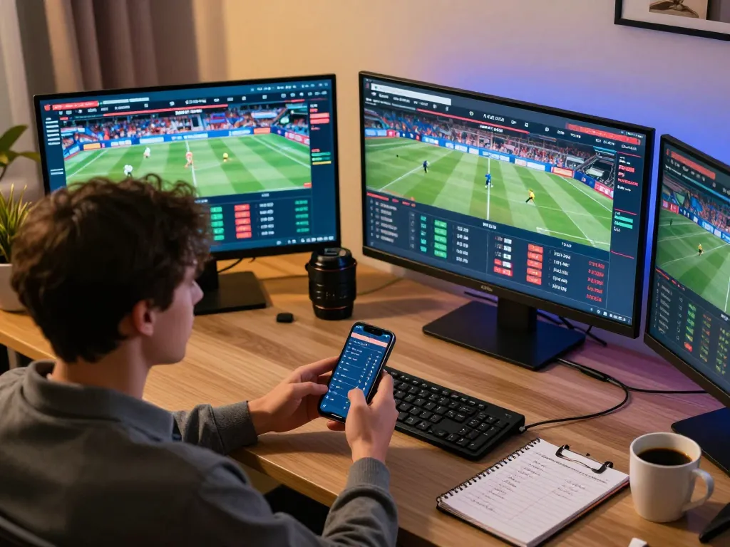 Engaging in sports betting on the 7m platform from a stylish home office.