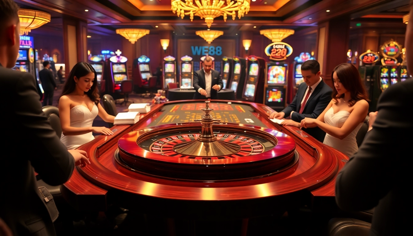 WE88 roulette table scene showcasing glamour and excitement of high-stakes gambling.