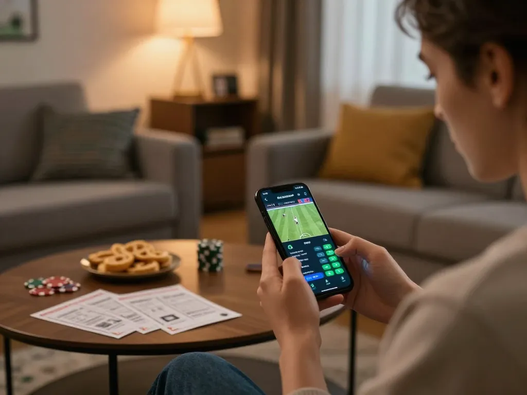 Bongdalu sports betting scene with a person using a smartphone app for live football betting in a cozy home setting.