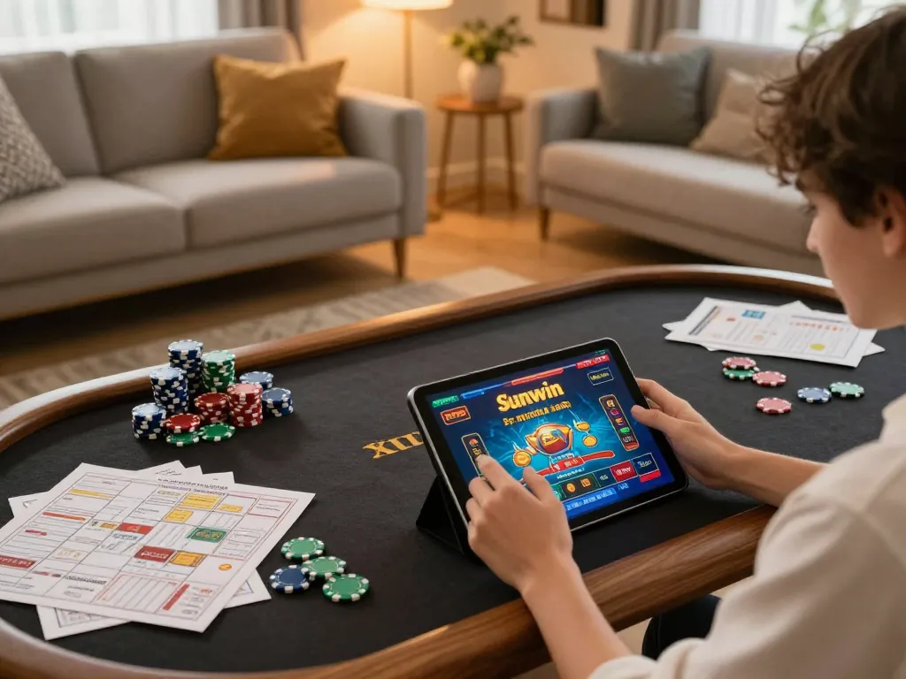 Engaging user enjoying Sunwin games on a tablet in a cozy home setting, highlighting online gambling.