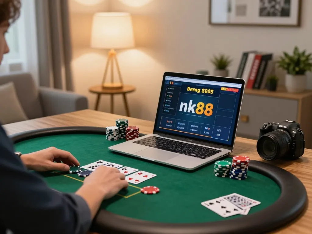 Engaging in an online nk88 live dealer game at home, showcasing strategic gameplay and comfort.