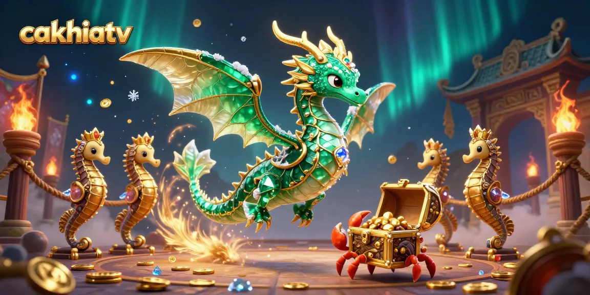 Cakhiatv showcases immersive gambling action with an ornate sea dragon and treasure in a vibrant casino scene.