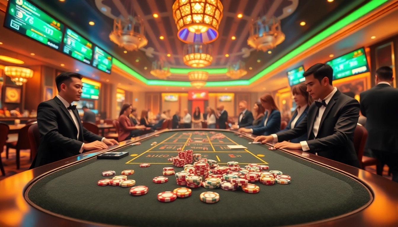 Xóc đĩa online game table with vibrant chips and professional dealers in a luxurious casino.