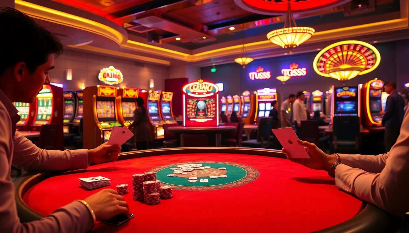 Players engaged in high-stakes poker at a GG88 casino table with vibrant slot machines in the background.