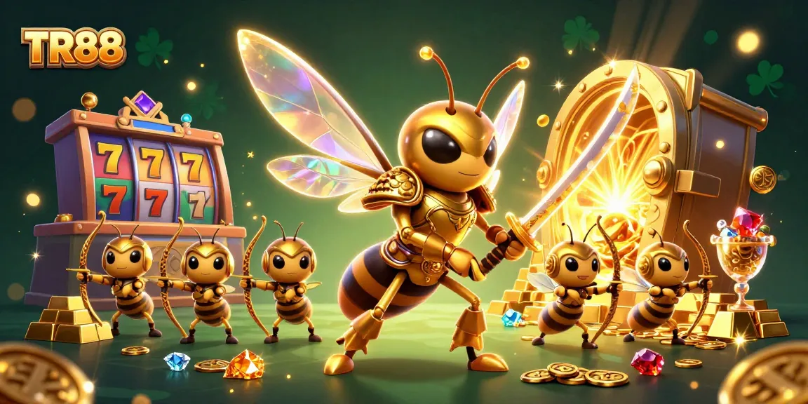 Engage in winning strategies at TR88 with vibrant casino elements and a dynamic hornet samurai.