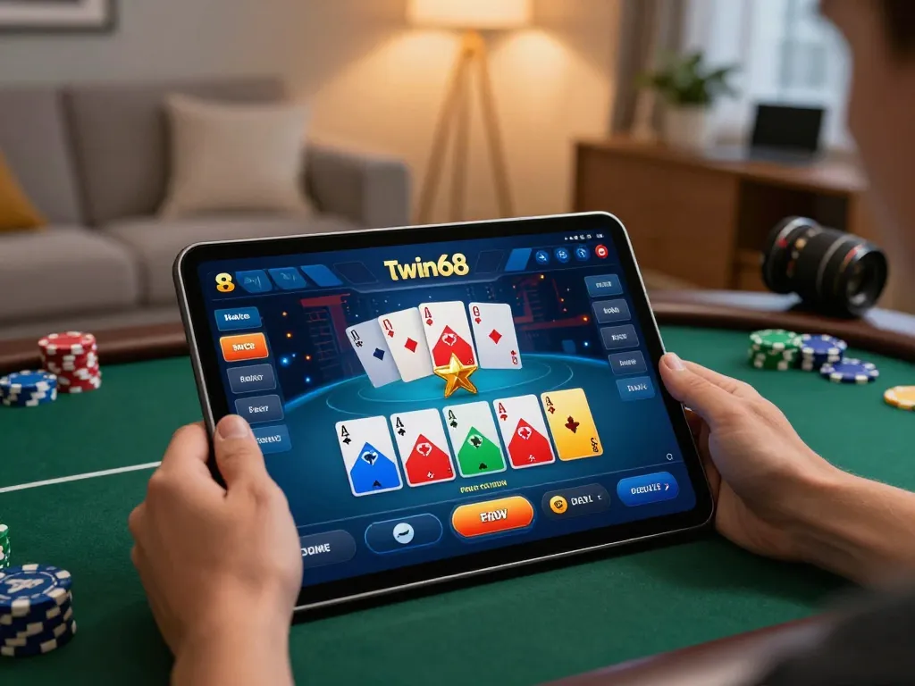 Engaging player enjoying twin68 online poker on a tablet in a cozy home setting.