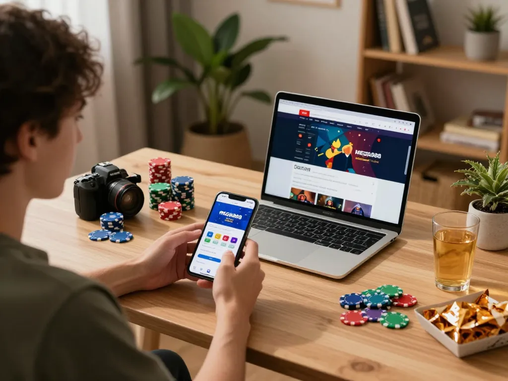 Engaging scene of a player making a mega888 apk download for android mobile to enjoy casino gaming on smartphone in a cozy home setting.