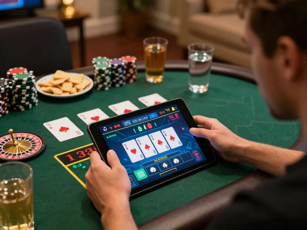 Player enjoying a live casino game on 32win app with colorful graphics and a cozy setting