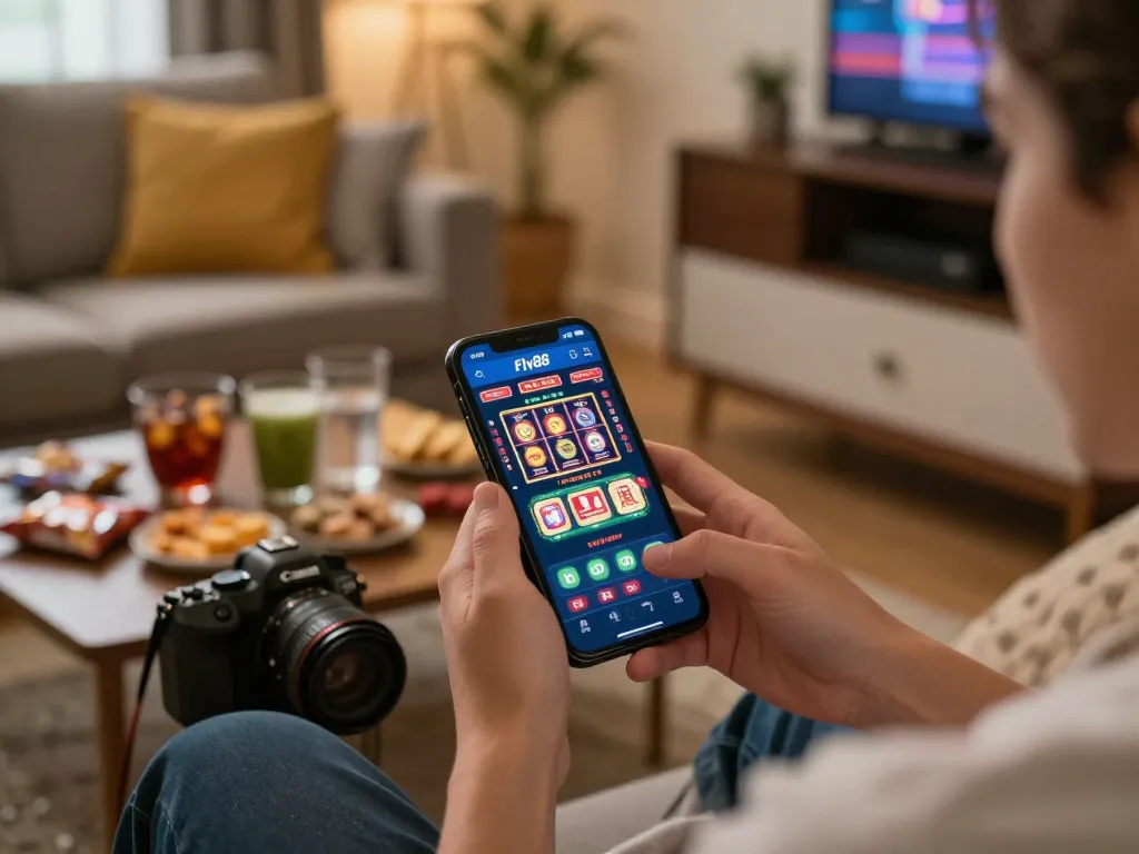 Engaging with Fly88 mobile app for online casino gameplay on a smartphone in a cozy home setting