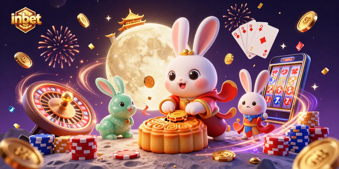 Experience the excitement of inbet with a 3D cartoon moon rabbit celebrating casino wins amidst golden coins and poker chips.