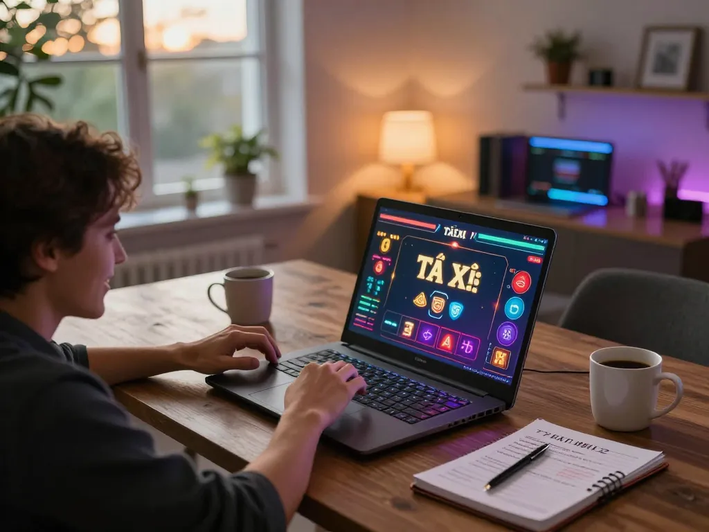 Tài Xỉu online gameplay on a laptop in a cozy home setup showcasing strategies and excitement