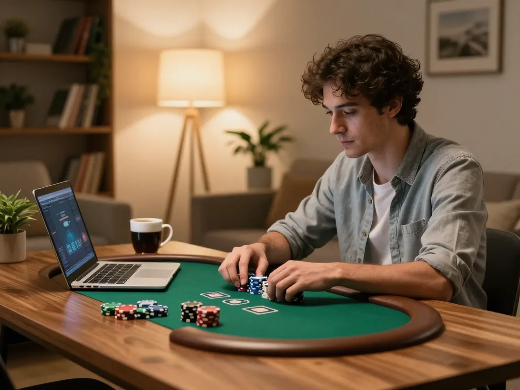 B52club player enjoying an engaging online poker game at home, showcasing a cozy gaming atmosphere.