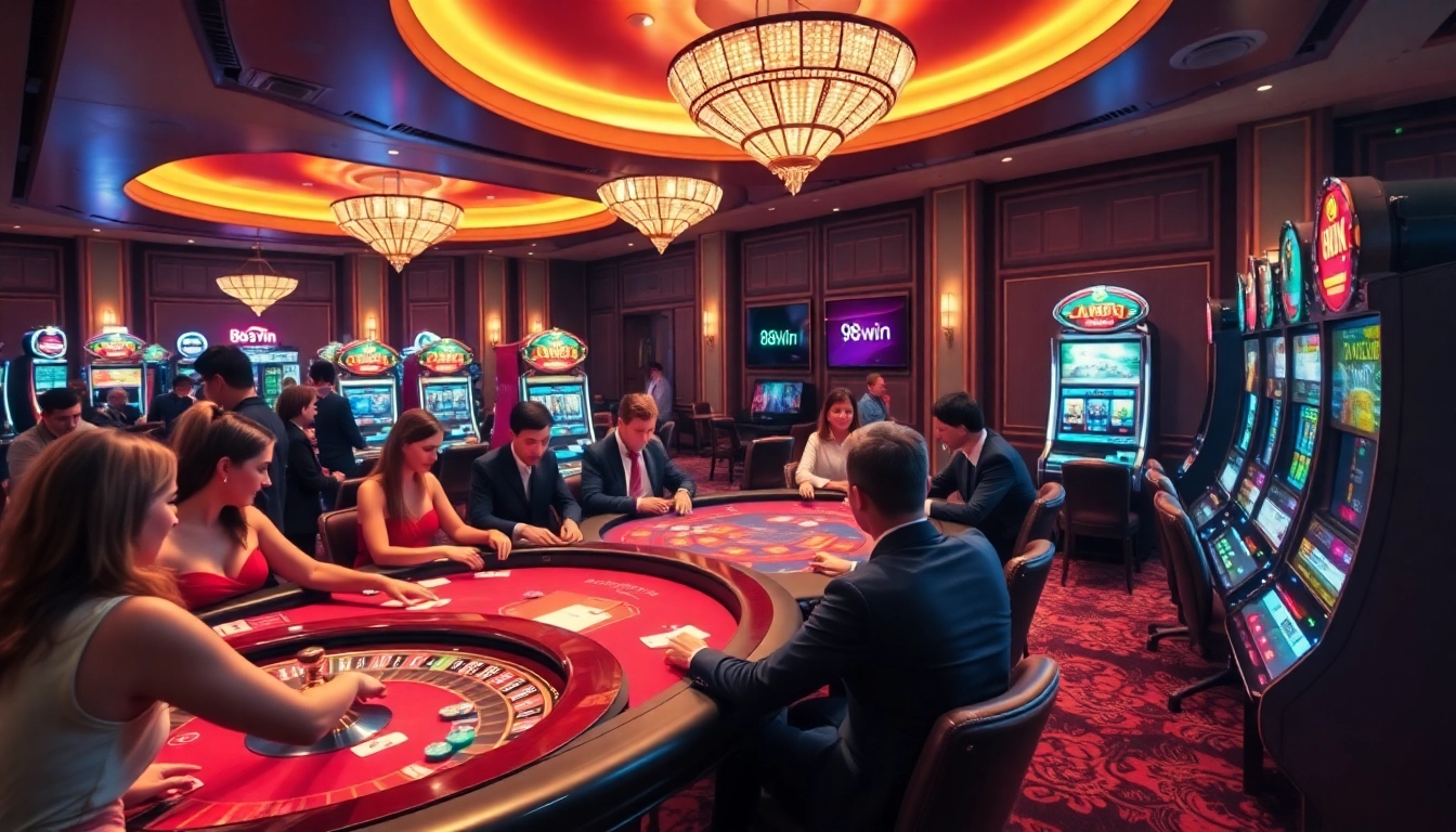 Experience the excitement of gambling at 98win's luxurious casino atmosphere with players enjoying vibrant games.
