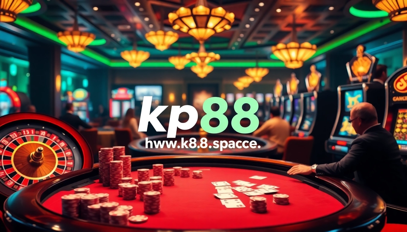 Exciting casino scene at https://kp88.space/ featuring poker games with vibrant chips and roulette wheels.