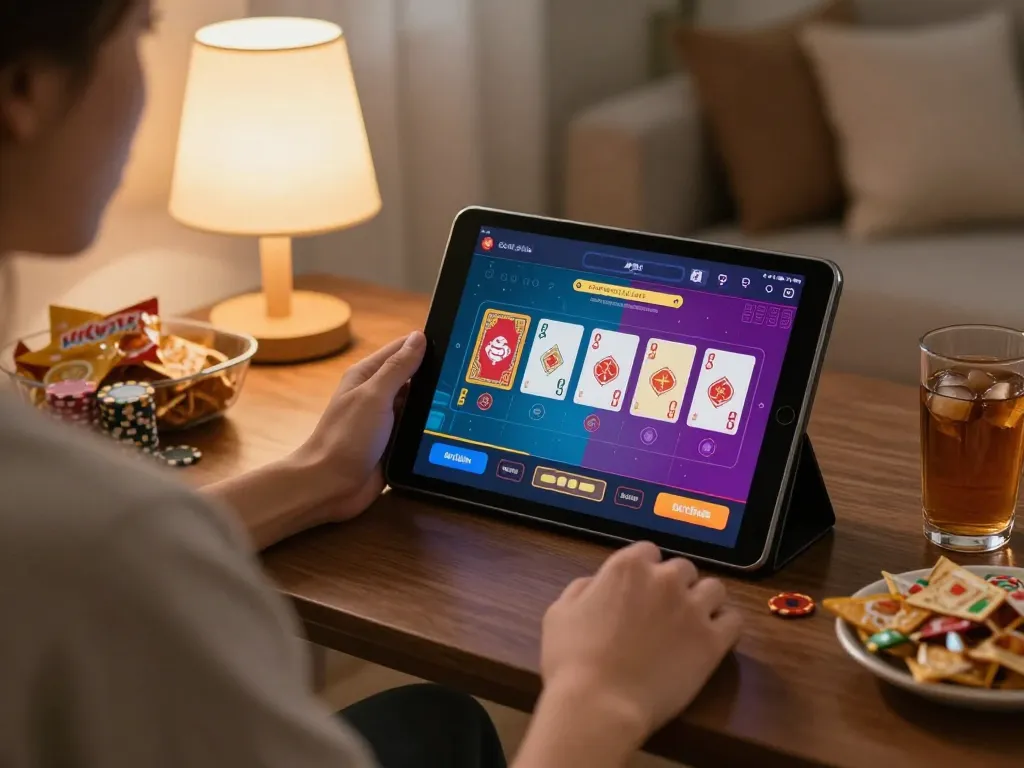 Player immersed in F168 online gaming app, enjoying a live dealer experience in a cozy home setting.