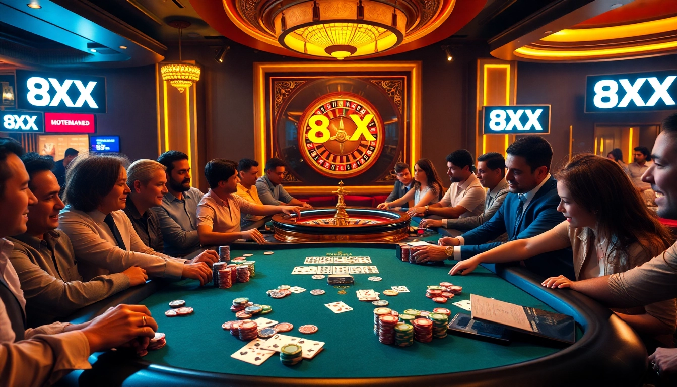 Excited players engage in a thrilling poker game at a luxurious casino table representing 8XX.
