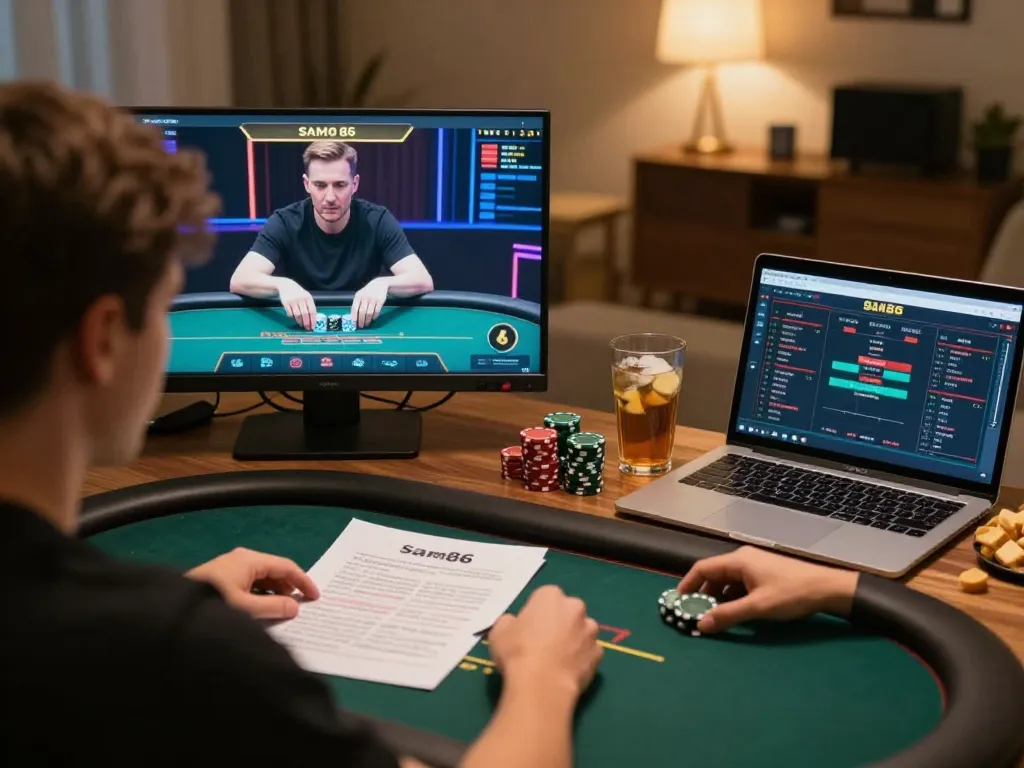Engaged player utilizing sam86 online poker platform while reviewing strategy notes at home.