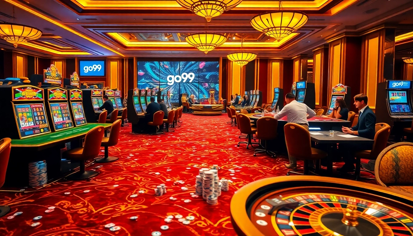 Engaging casino scene with go99 logo, featuring lively gameplay and colorful slot machines.