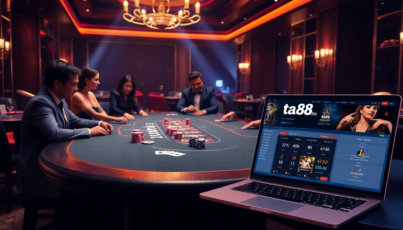 Exciting poker game at ta88.biz with luxurious elements of online gambling and high-stakes play.
