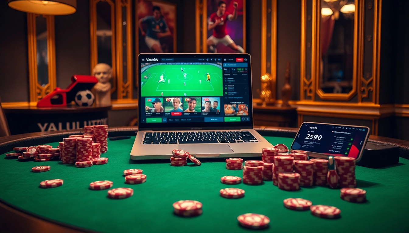 Vaoluoitv enhances online football betting with a luxurious setup featuring poker chips and live match displays.